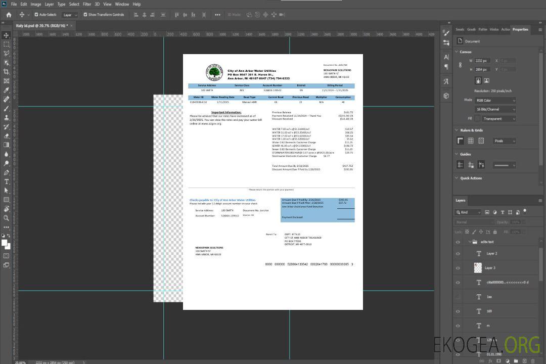 États-Unis Michigan Ville d'Ann Arbor Water Utilities modèle de facture de services publics aux formats Word et PDF template
